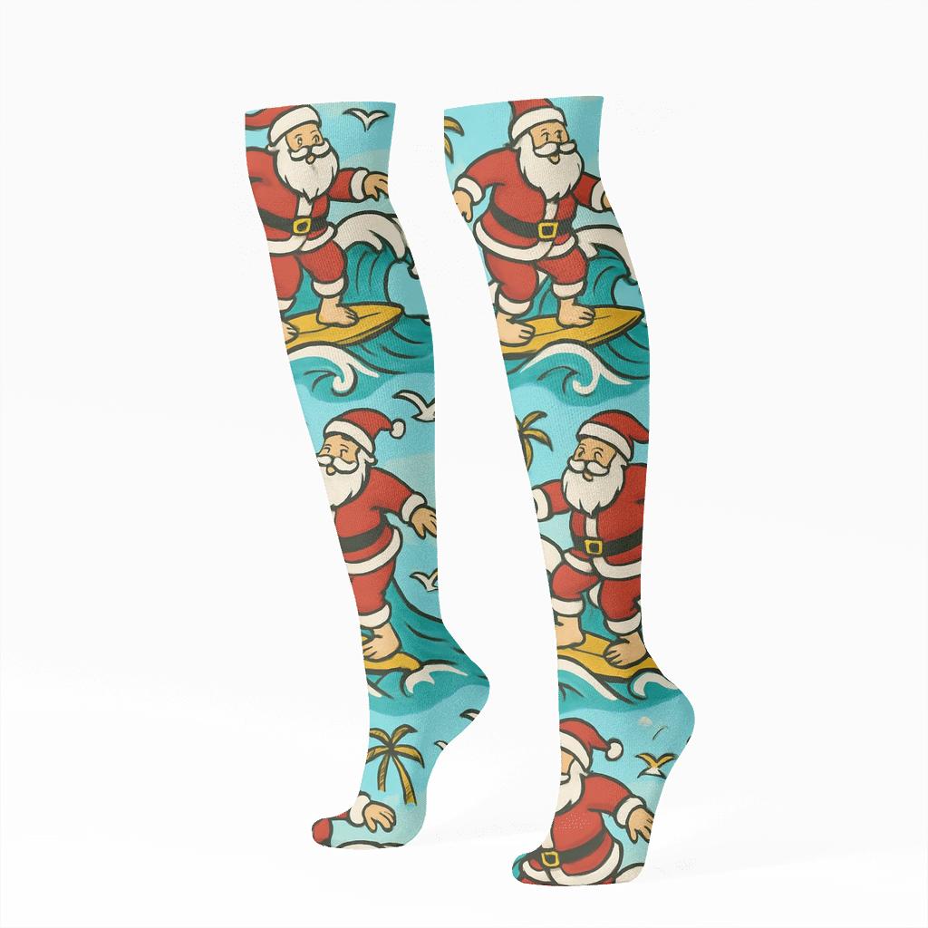 Santa Surfing Wave Xmas designer print knee-high socks