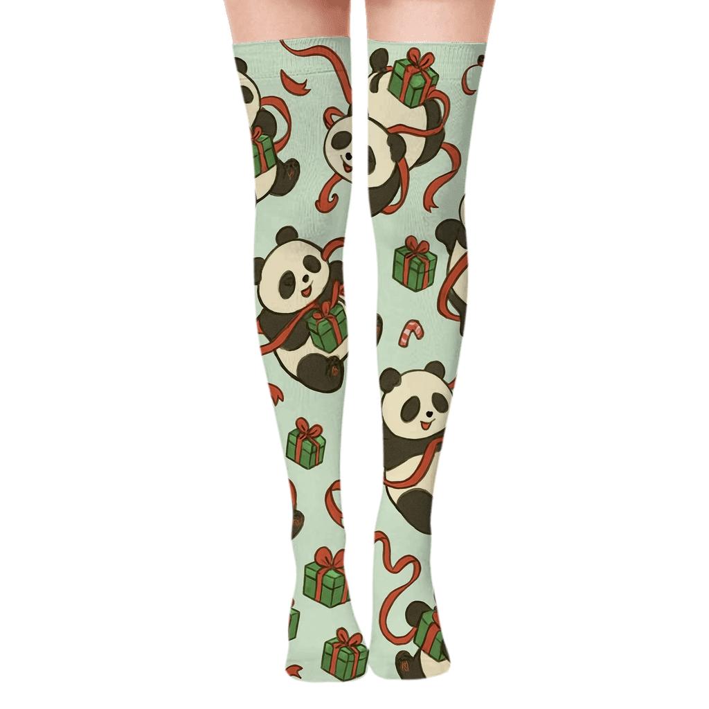 Panda Gift Wrap Scatter designer print over-the-knee socks