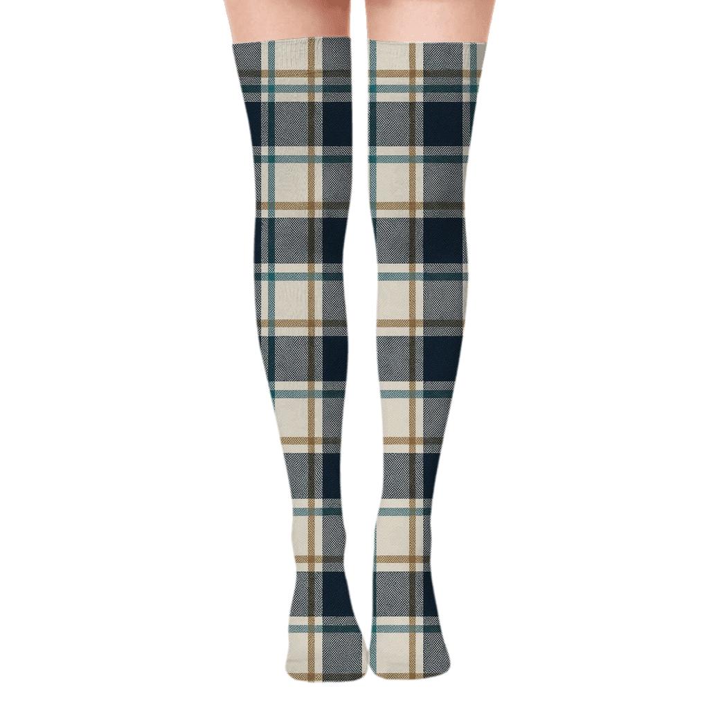 Navy Tartan Plaid With Tonal Stripe Insets unique graphic over-the-knee socks