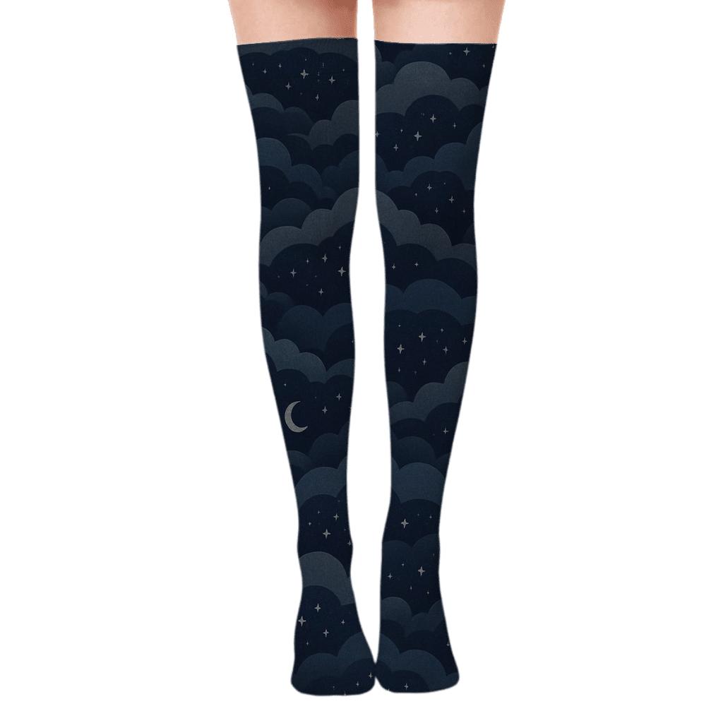 Twilight Starry Cloud Wave On Deep Indigo designer print over-the-knee socks