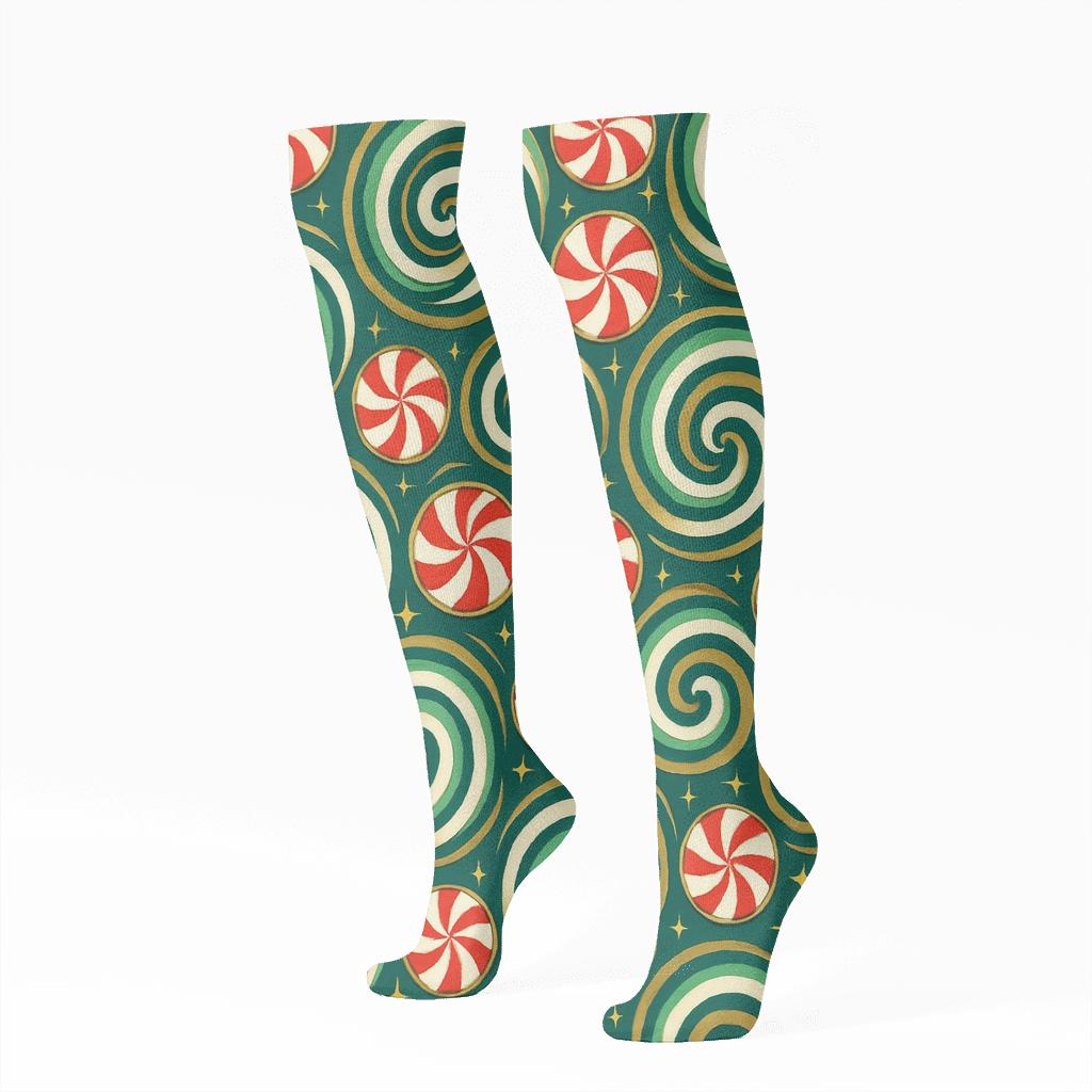 Candy Stripe Spiral Xmas unique graphic knee-high socks