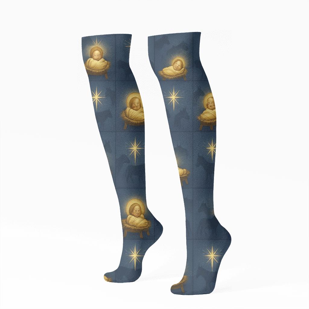 Haloed Manger Grid With Baby Jesus premium sports knee-high socks