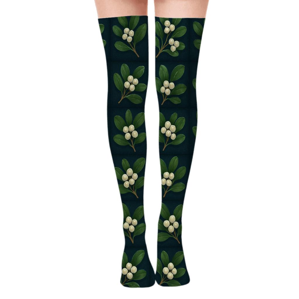 Mistletoe Sprig Grid On Midnight Blue custom over-the-knee socks