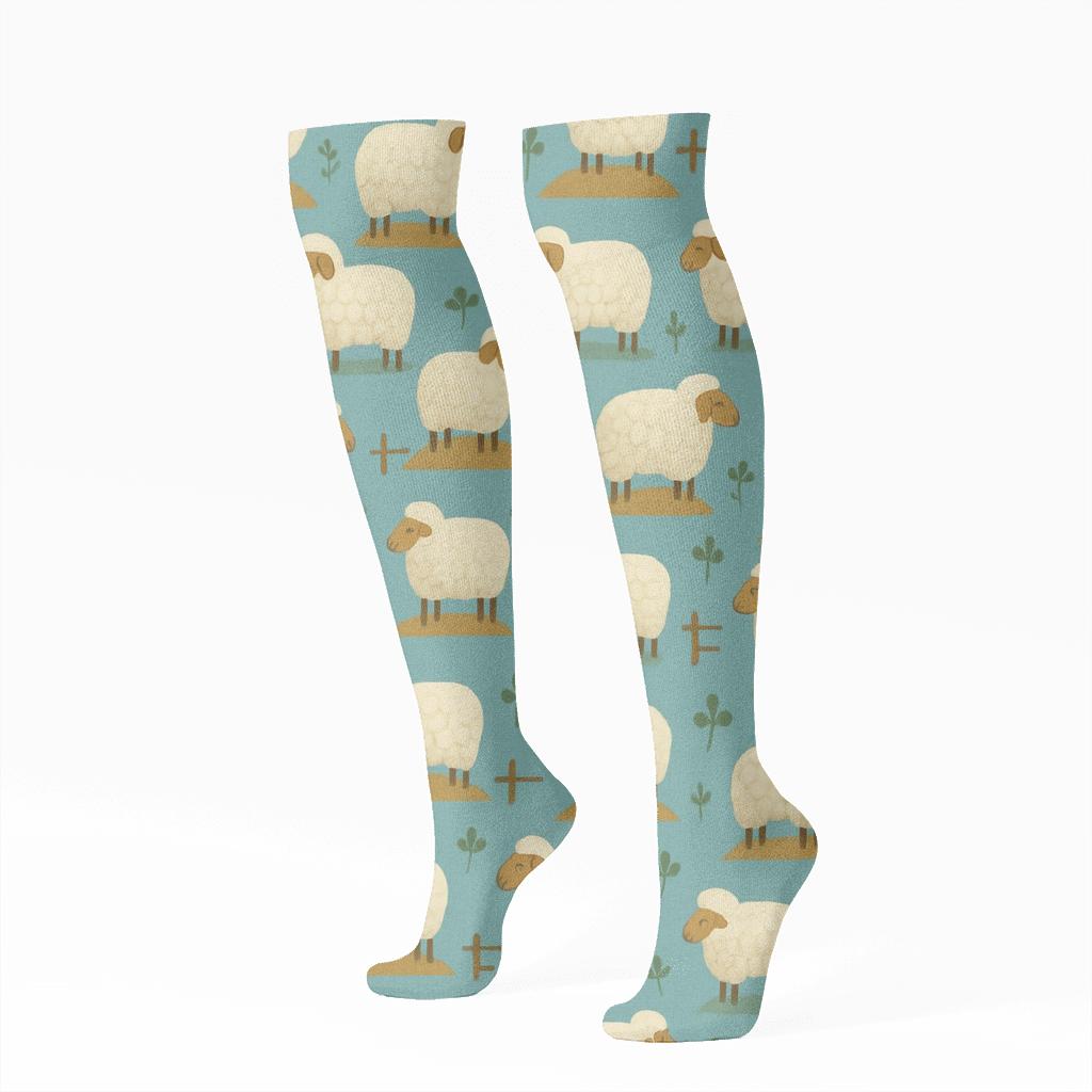 Pasture Grid With Sheep Motifs comfortable cotton knee-high socks