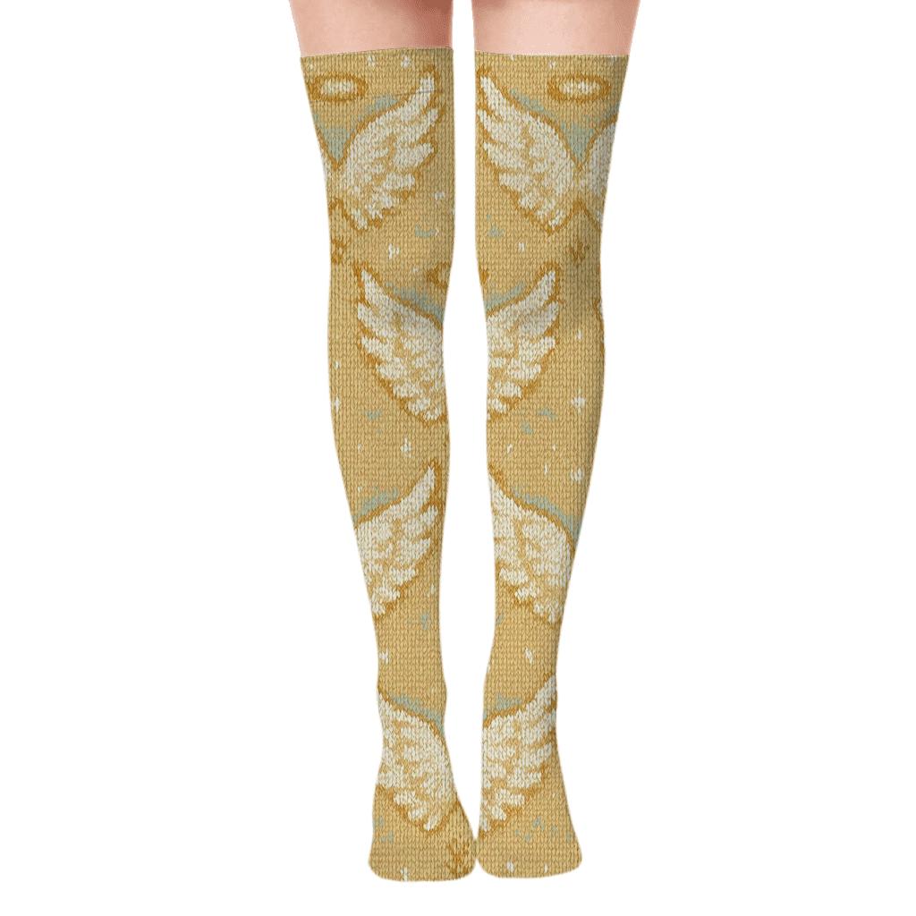 Angel Feather Chevron On Pale Gold Ground personalized over-the-knee socks