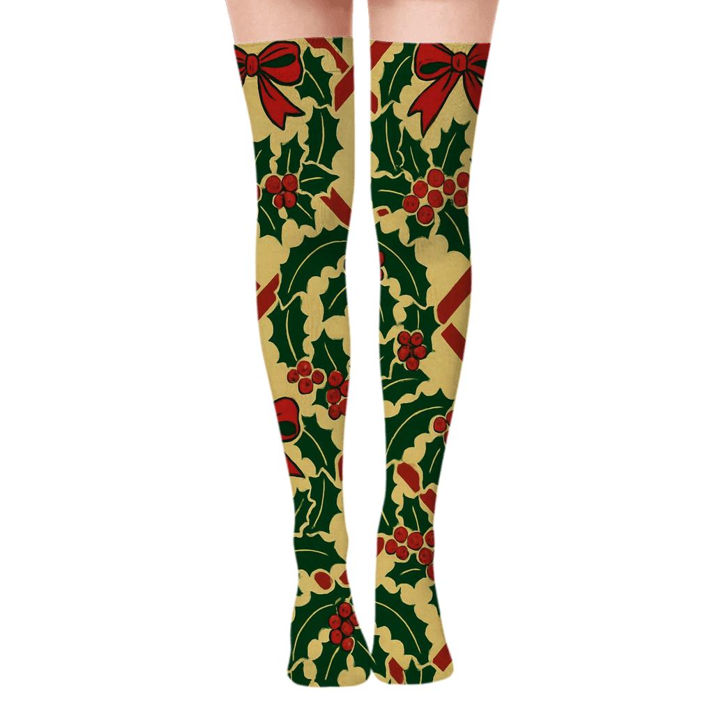 Ribbon Tied Hoop Wreath Pattern designer print over-the-knee socks