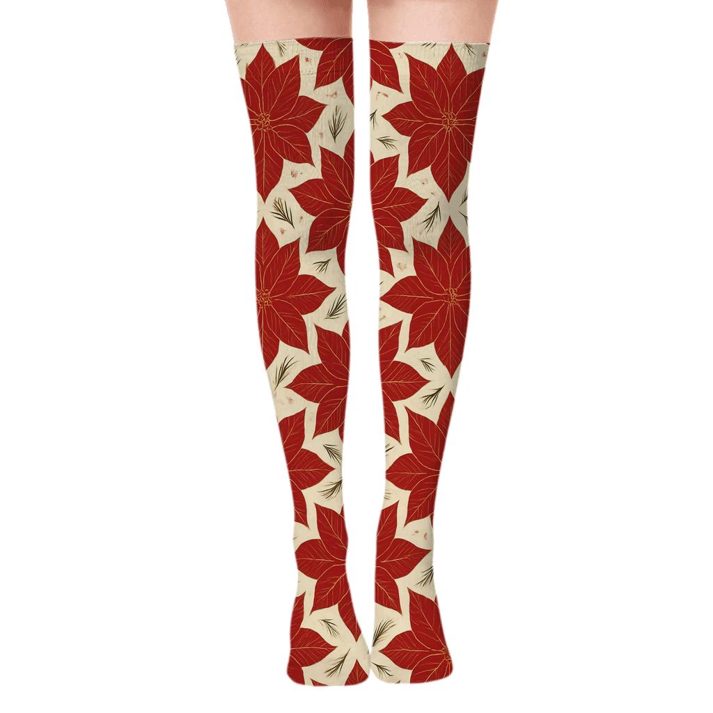 Crimson Bract Grid On Ivory Field unique graphic over-the-knee socks