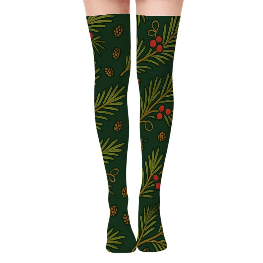Pine Boughs With Evergreen Branches Motif designer print over-the-knee socks
