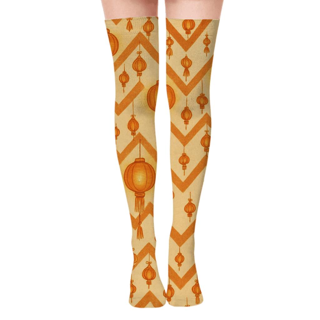 Tassel Chevron With Lantern Motifs comfortable cotton over-the-knee socks
