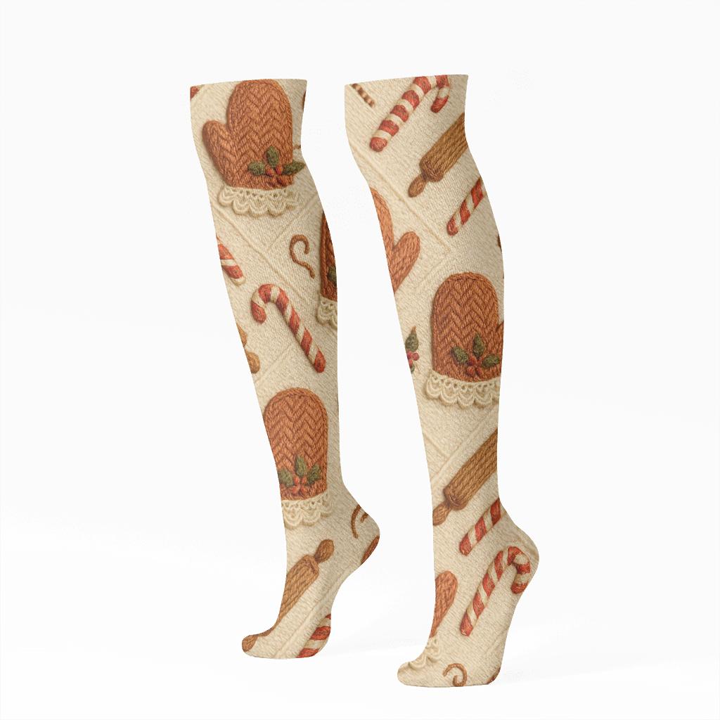 Mrs Claus Stitched Mittens Tessellation designer print knee-high socks