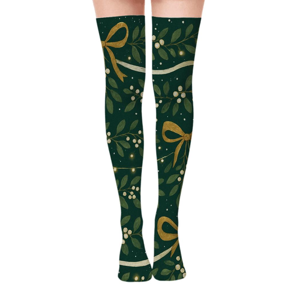 Ribboned Garlands On Deep Evergreen Mistletoe soft everyday over-the-knee socks