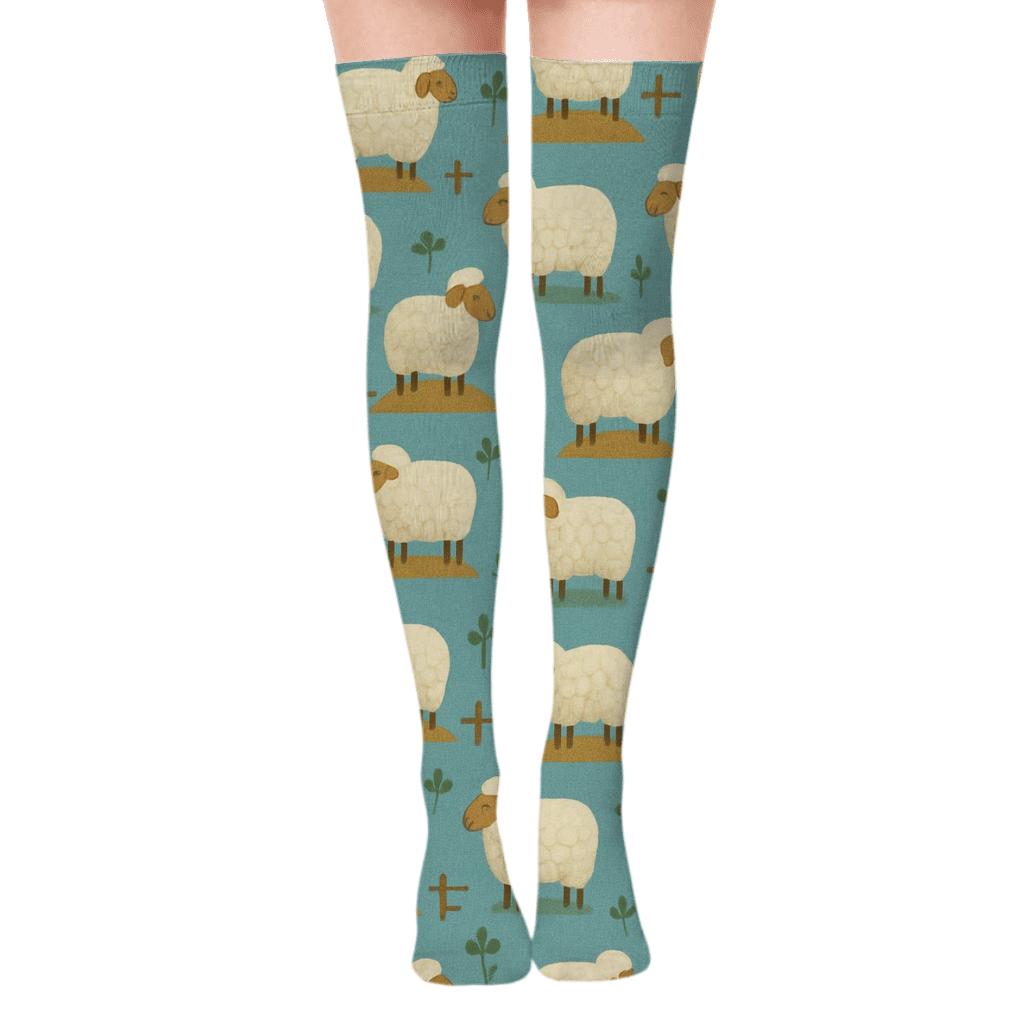 Pasture Grid With Sheep Motifs trendy patterned over-the-knee socks