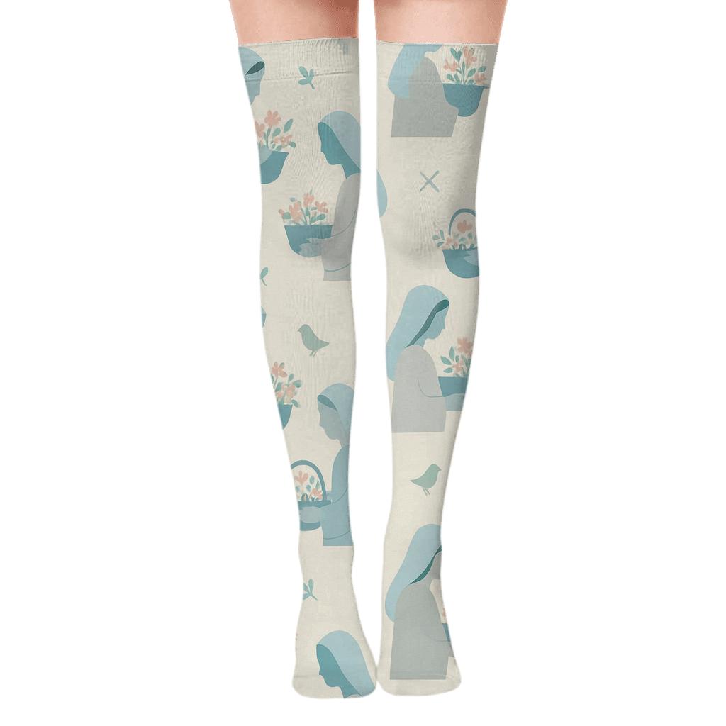 Pastoral Mary Tessellation With Basket comfortable cotton over-the-knee socks