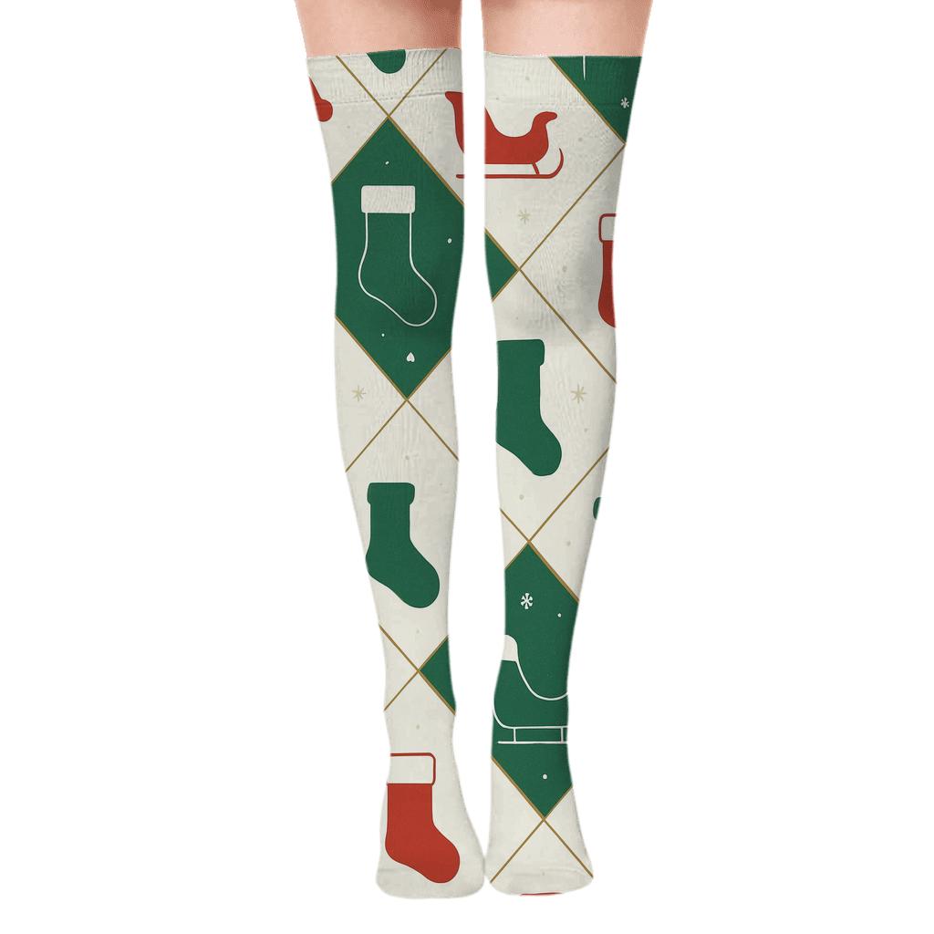 Santa Claus Patchwork Lattice comfortable cotton over-the-knee socks