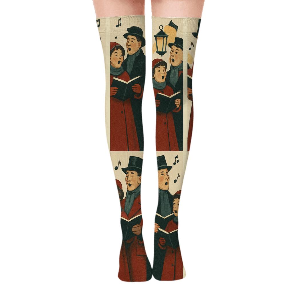 Caroling Choir Panel Xmas unique graphic over-the-knee socks