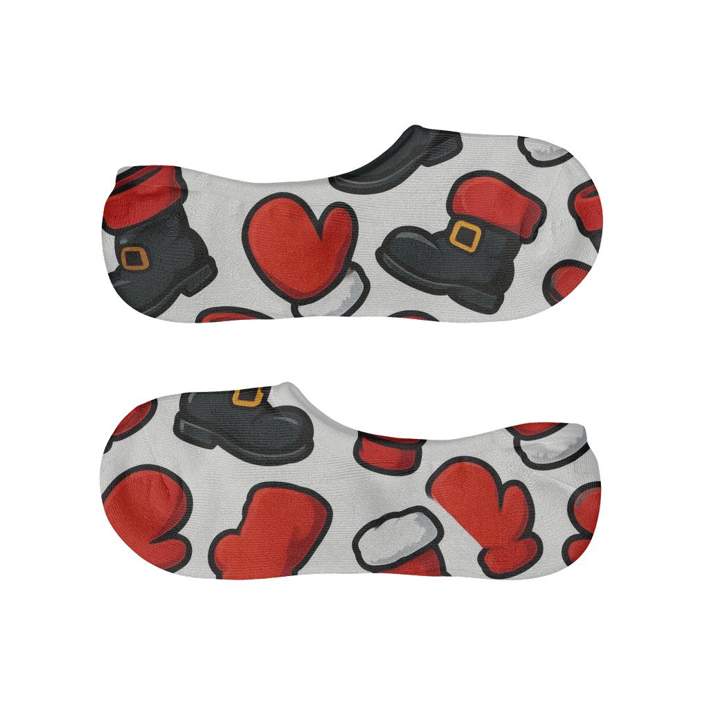 Boot And Glove Santa Repeat On White designer printed no-show socks