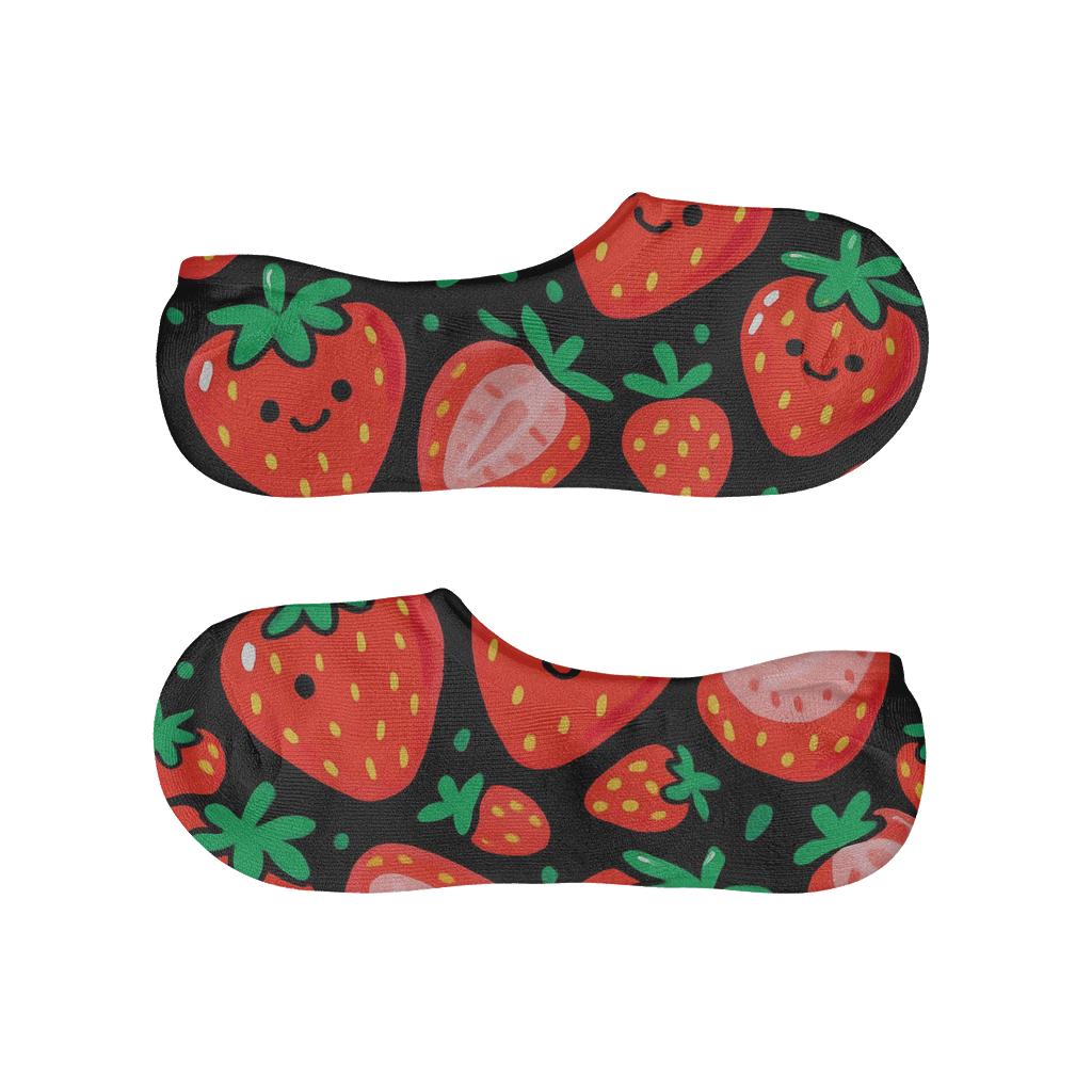 Bold Strawberry Cartoon Scatter On Black trendy no-show sock styles