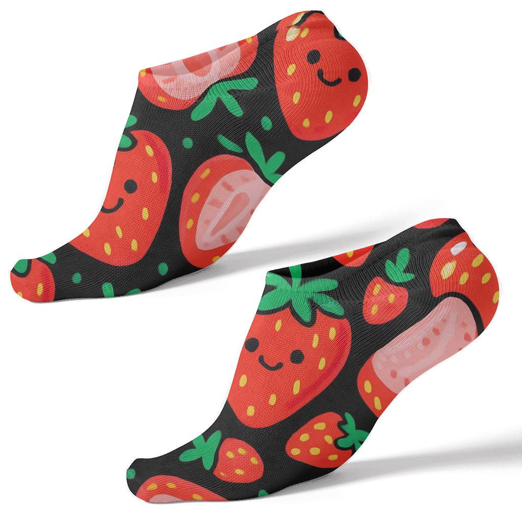 Bold Strawberry Cartoon Scatter On Black unique graphic ankle socks