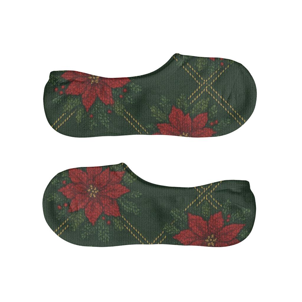 Crimson Poinsettia Plaid Knit Illusion soft cotton no-show socks