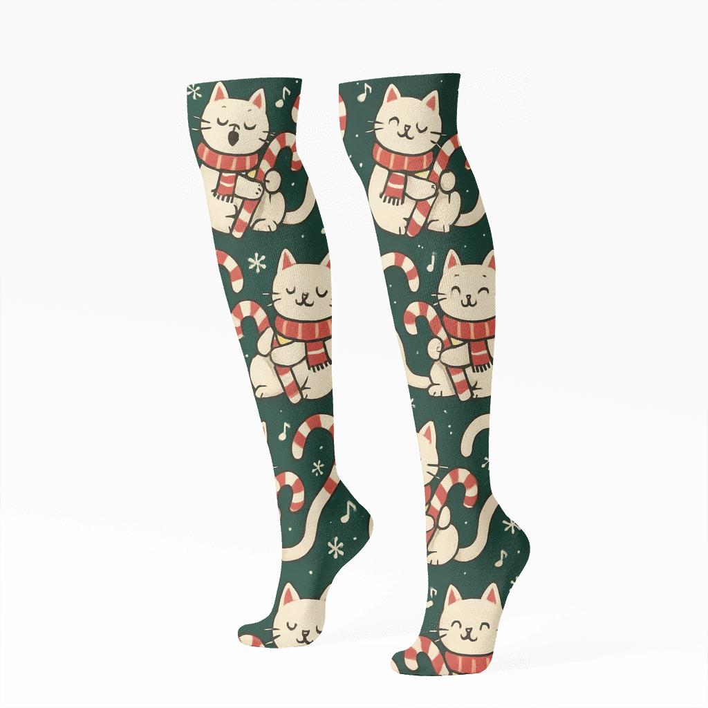 Candy Cane Caroling Cats Grid On Midnight Green designer print knee-high socks