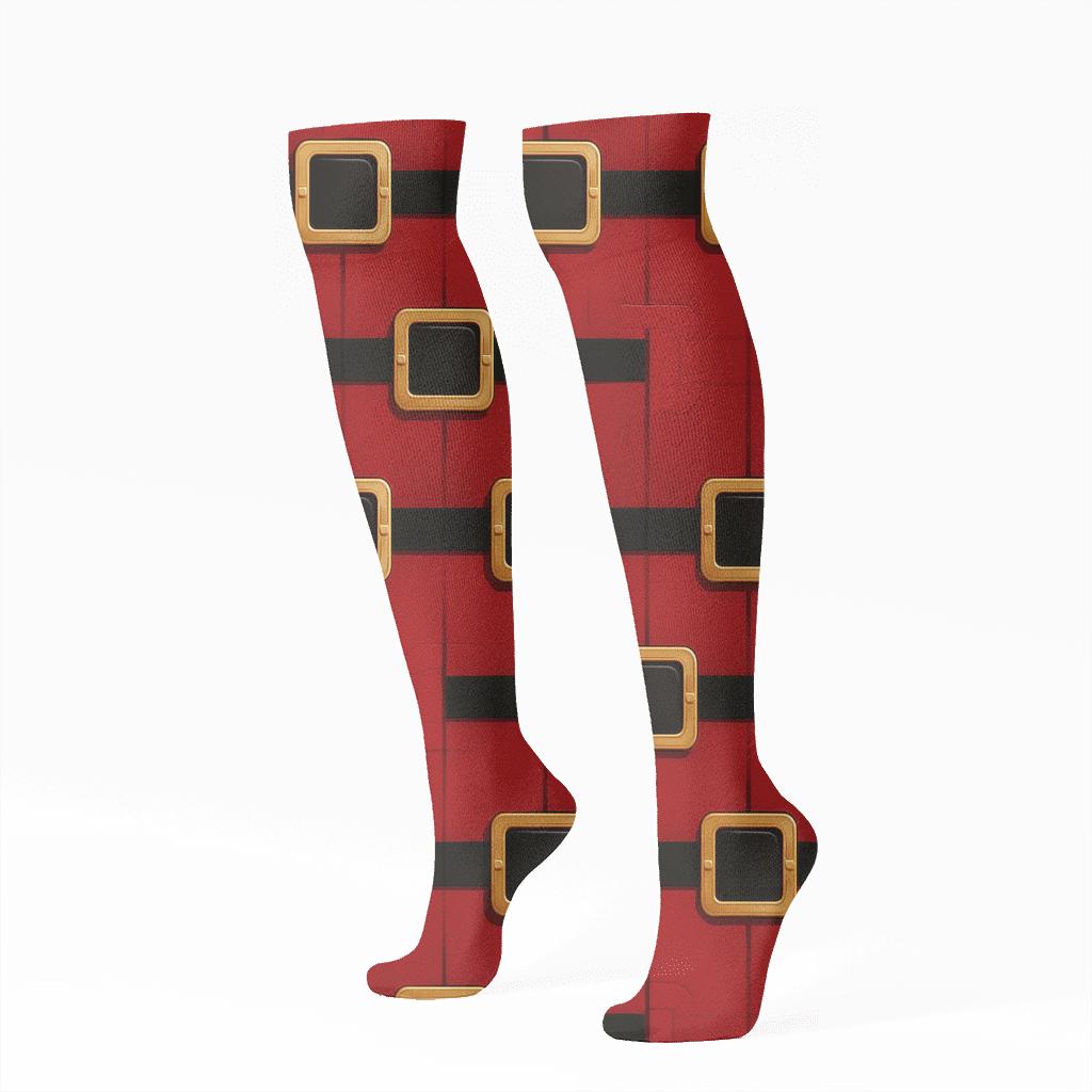 Santa Suit Buckle Lattice On Deep Red Field comfortable cotton knee-high socks