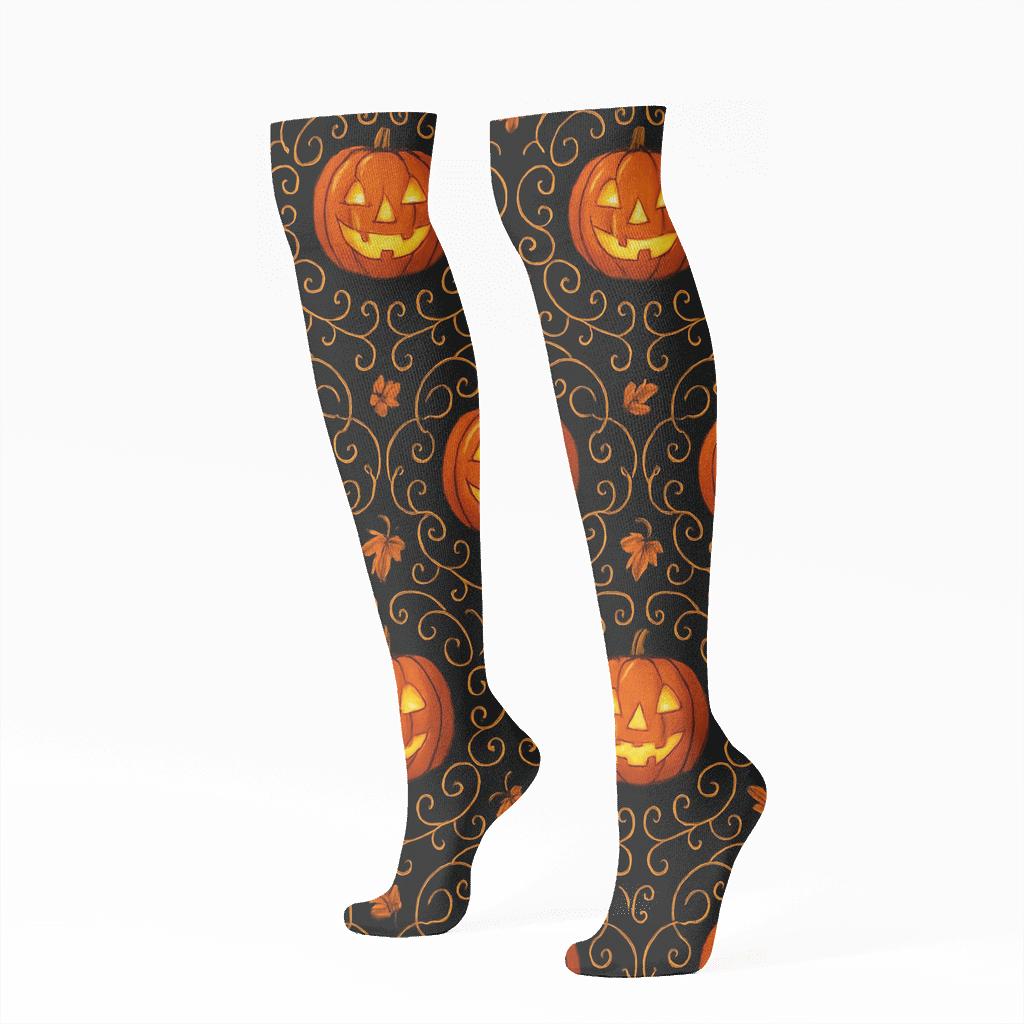 Twisting Pumpkin Vine Medallions On Black Background soft everyday knee-high socks