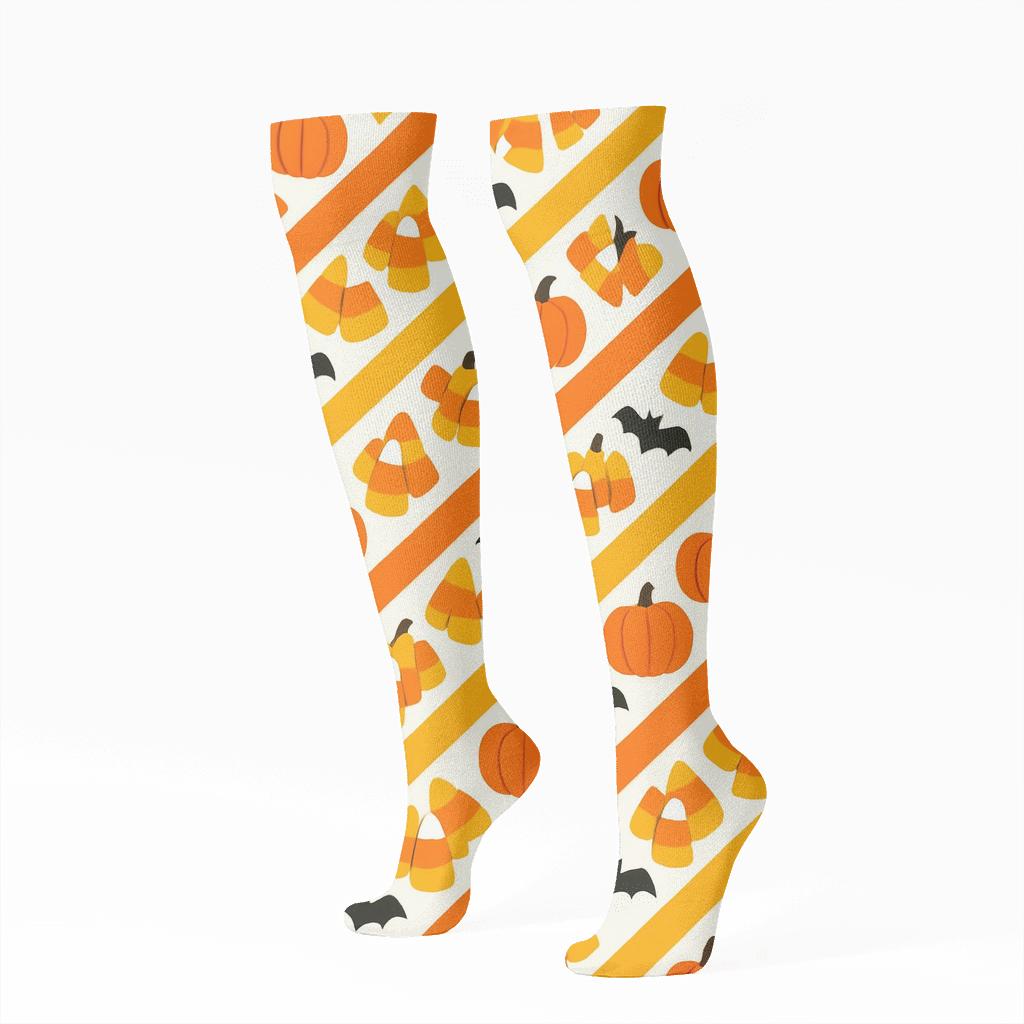 Candy Corn And Mini Pumpkin Diagonal Ribbons On White Background trendy patterned knee-high socks