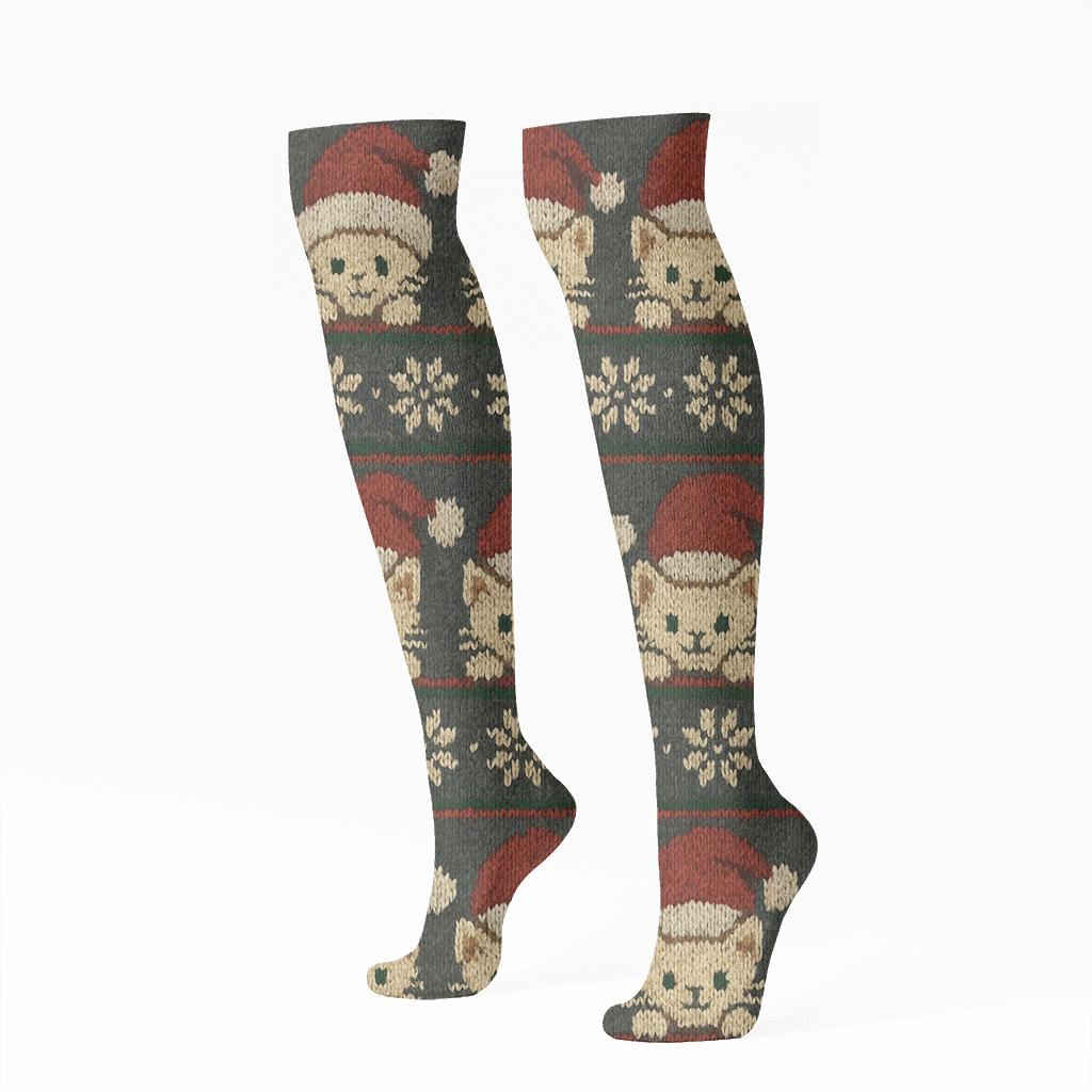 Knitted Santa Hat Kittens Stripe On Charcoal stylish athletic knee-high socks