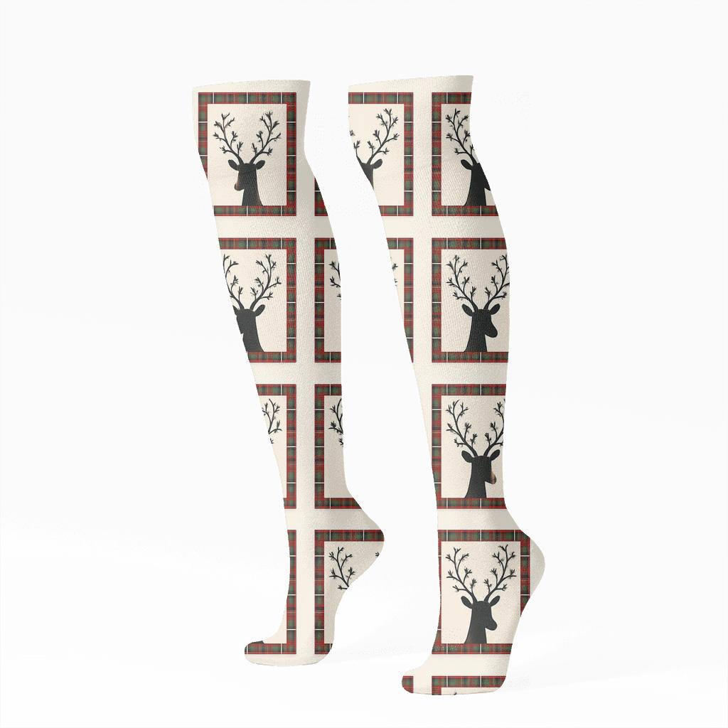 Plaid Reindeer Portrait Tiles custom knee-high socks
