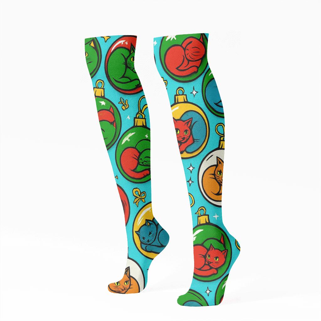 Pop Art Ornament Cats Chaos On Icy Blue designer print knee-high socks
