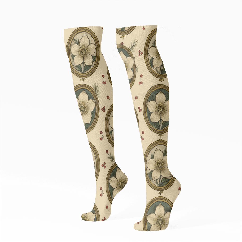 Vintage Christmas Rose Cameo Frames stylish athletic knee-high socks