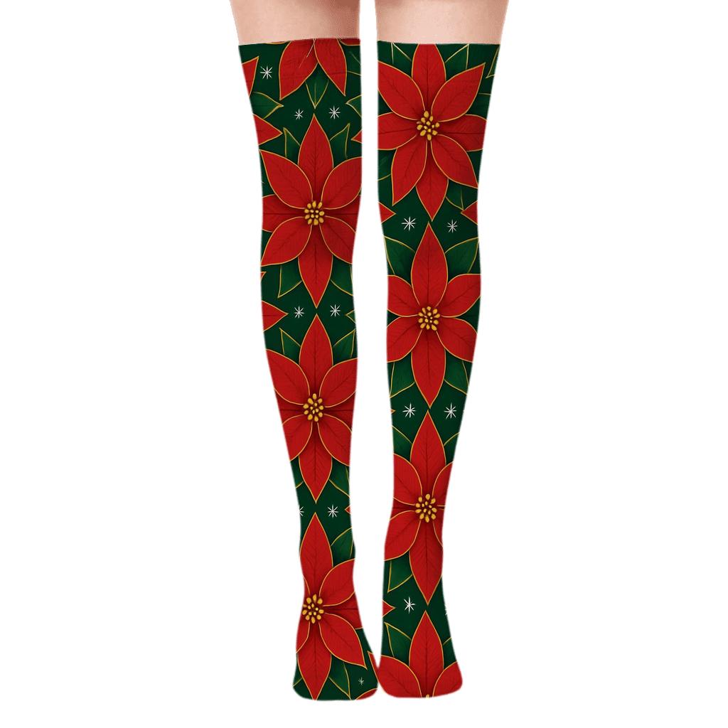 Crimson Poinsettia Star Lattice unique graphic over-the-knee socks