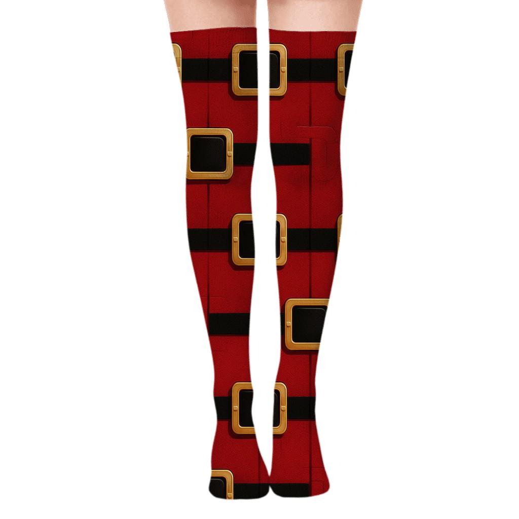 Santa Suit Buckle Lattice On Deep Red Field trendy patterned over-the-knee socks