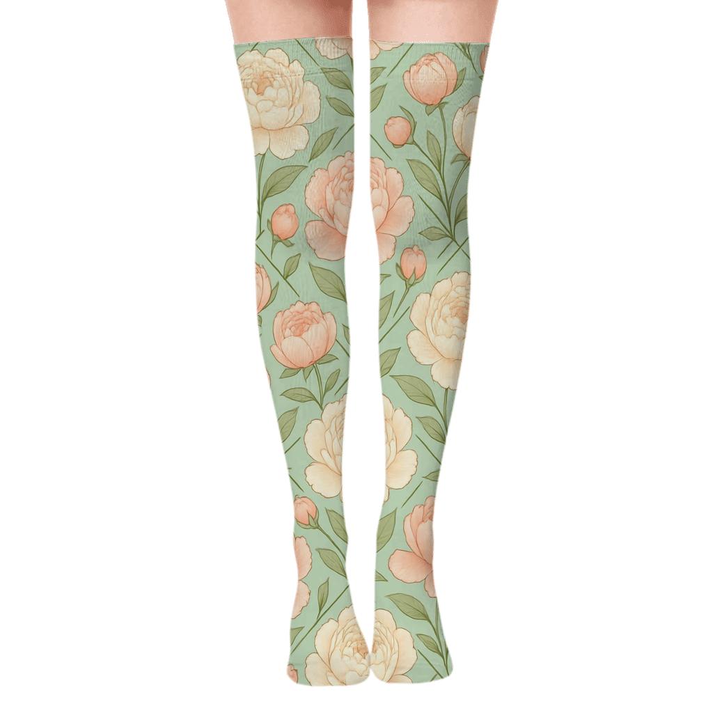 Pastel Peony Lattice On Soft Mint Field custom over-the-knee socks