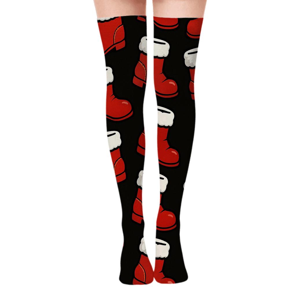 Boot Parade With Santa Rhythm On Black unique graphic over-the-knee socks