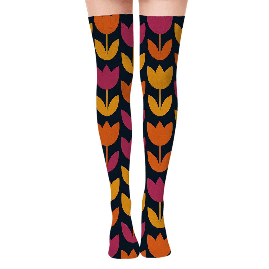 Sunset Tulip Chevron On Deep Navy trendy patterned over-the-knee socks