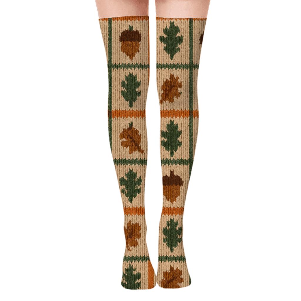 Cozy Plaid Knitted Acorn Field unique graphic over-the-knee socks