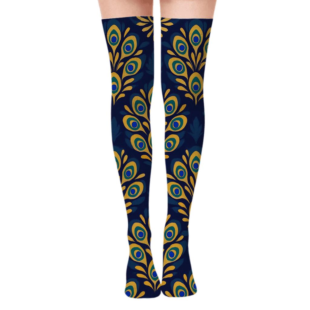 Peacock Eye Feather Whorl On Deep Indigo custom over-the-knee socks