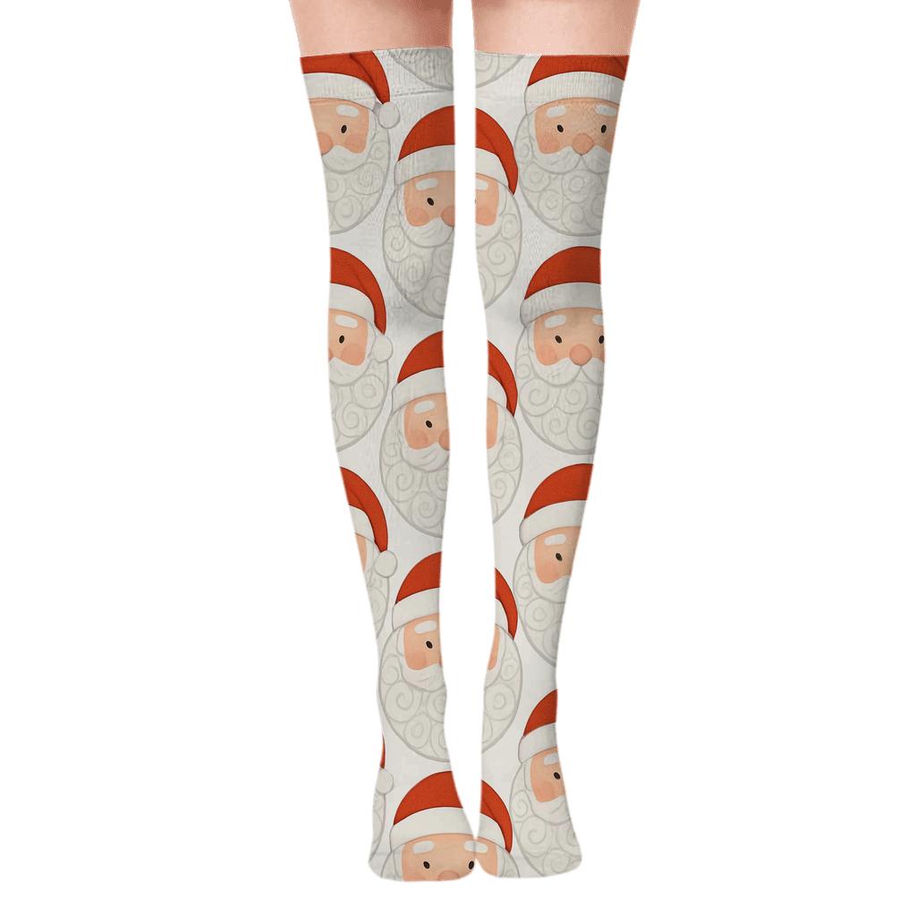 Beard Mosaic Santa Portrait Ring On White designer print over-the-knee socks