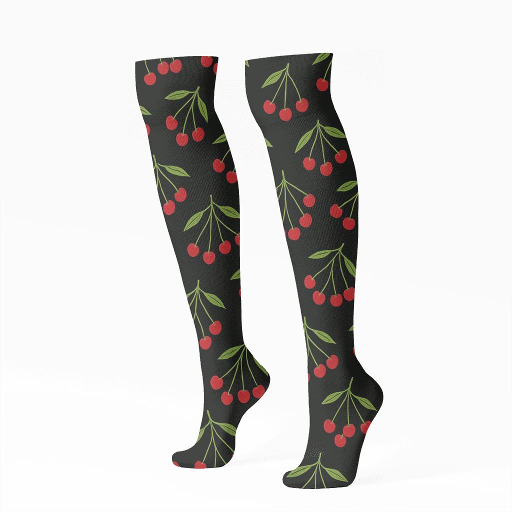 Black Field Cherry Leaf Constellation unique graphic knee-high socks