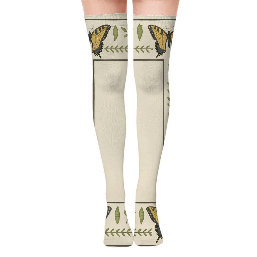 Swallowtail Chrysalis Border Parade On Ivory designer print over-the-knee socks