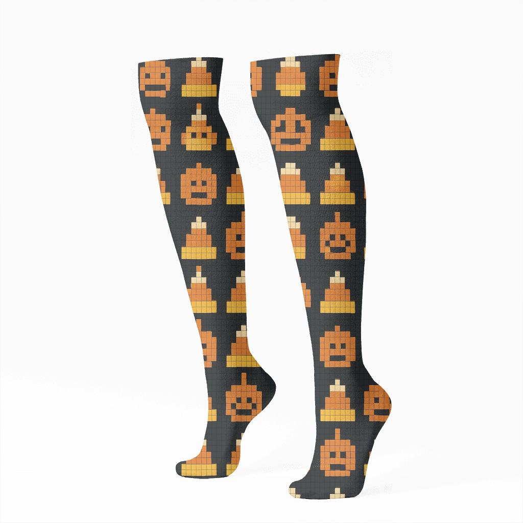 Pumpkin And Candy Corn Tile Mosaic On Black Background custom knee-high socks