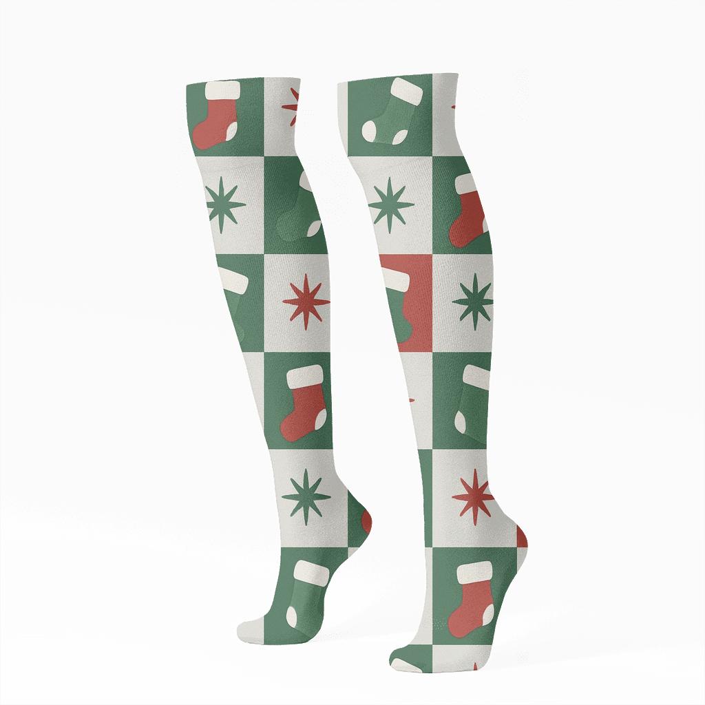 Holiday Stocking Checkerboard On Soft Gray stylish athletic knee-high socks