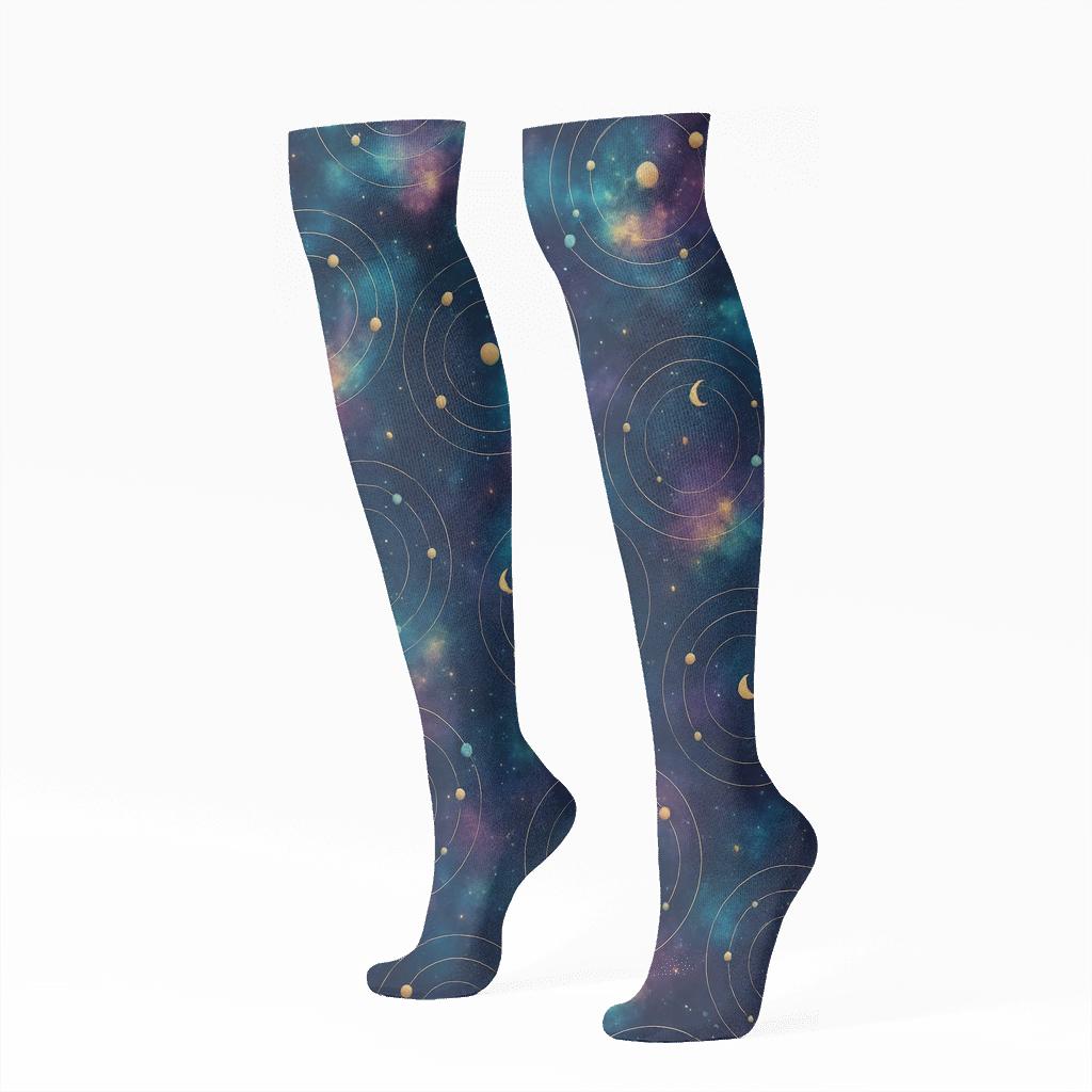 Nebula Orbit Bands On Midnight Gradient unique graphic knee-high socks