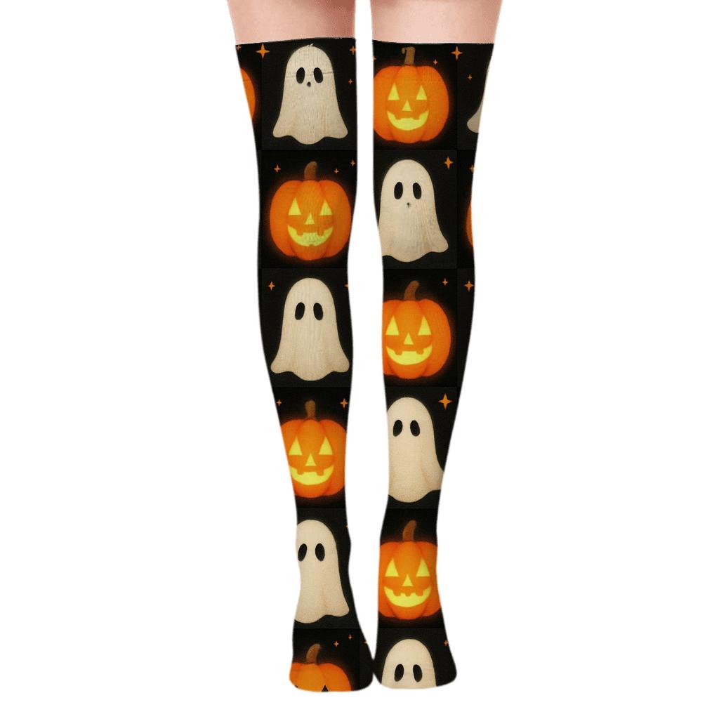 Ghost Silhouettes And Pumpkins In Checkerboard On Black Background premium cozy over-the-knee socks
