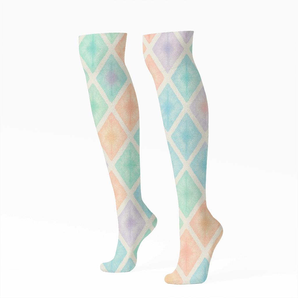 Pastel Shibori Diamond Lattice On White trendy patterned knee-high socks