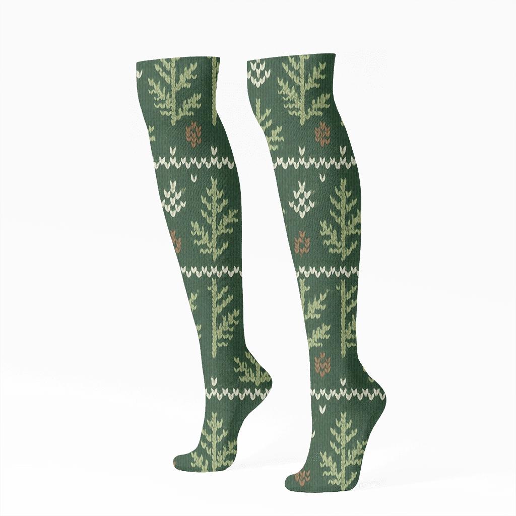 Evergreen Branches Nordic Knit Illusion Grid comfortable cotton knee-high socks