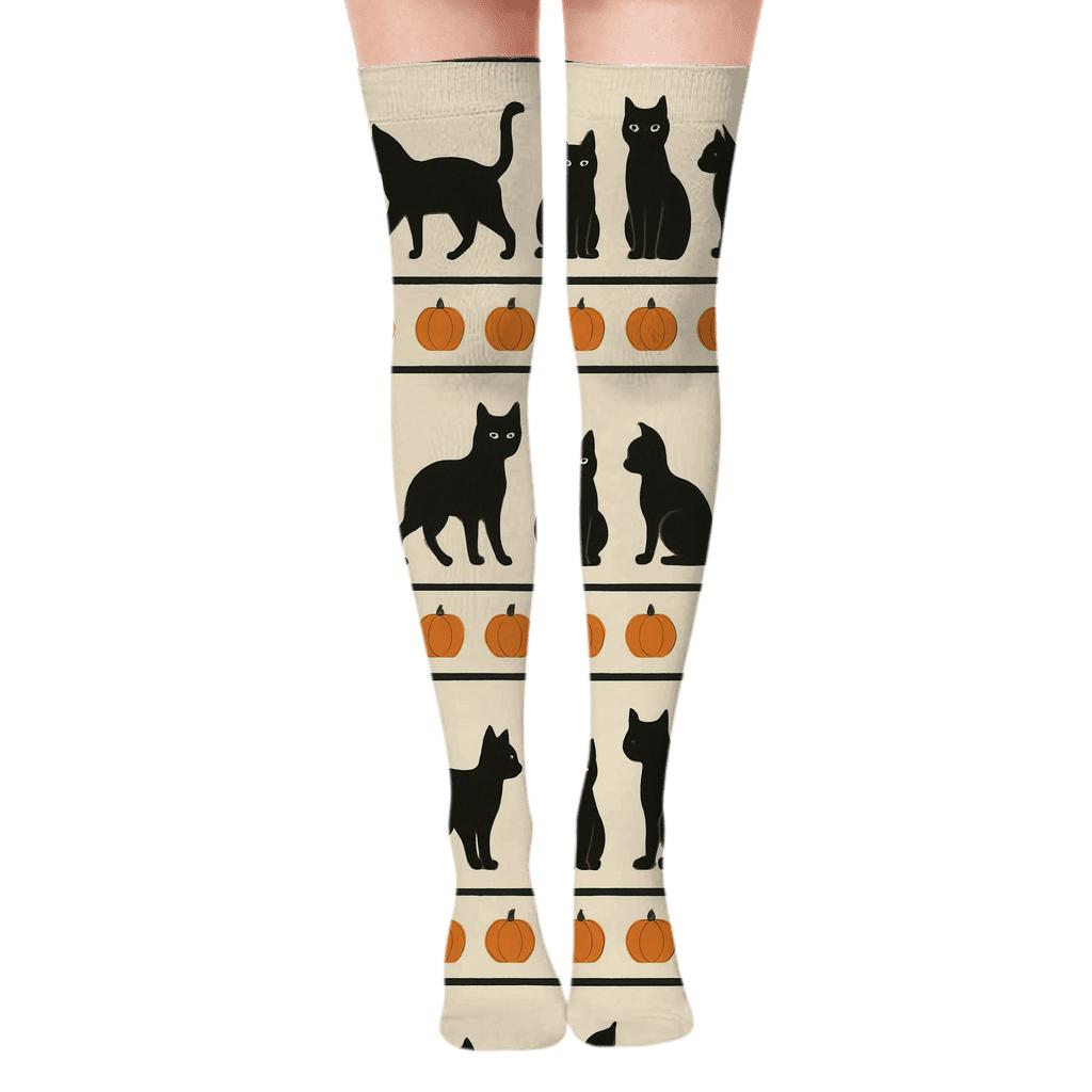 Black Cat Silhouettes And Pumpkins Banding On Proper Background comfortable cotton over-the-knee socks