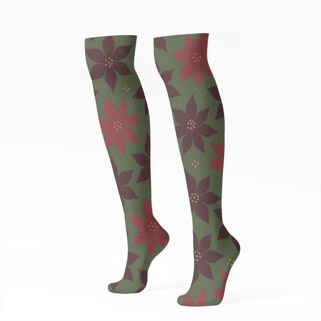 Burgundy Poinsettia Silhouette Scatter On Moss Green soft everyday knee-high socks
