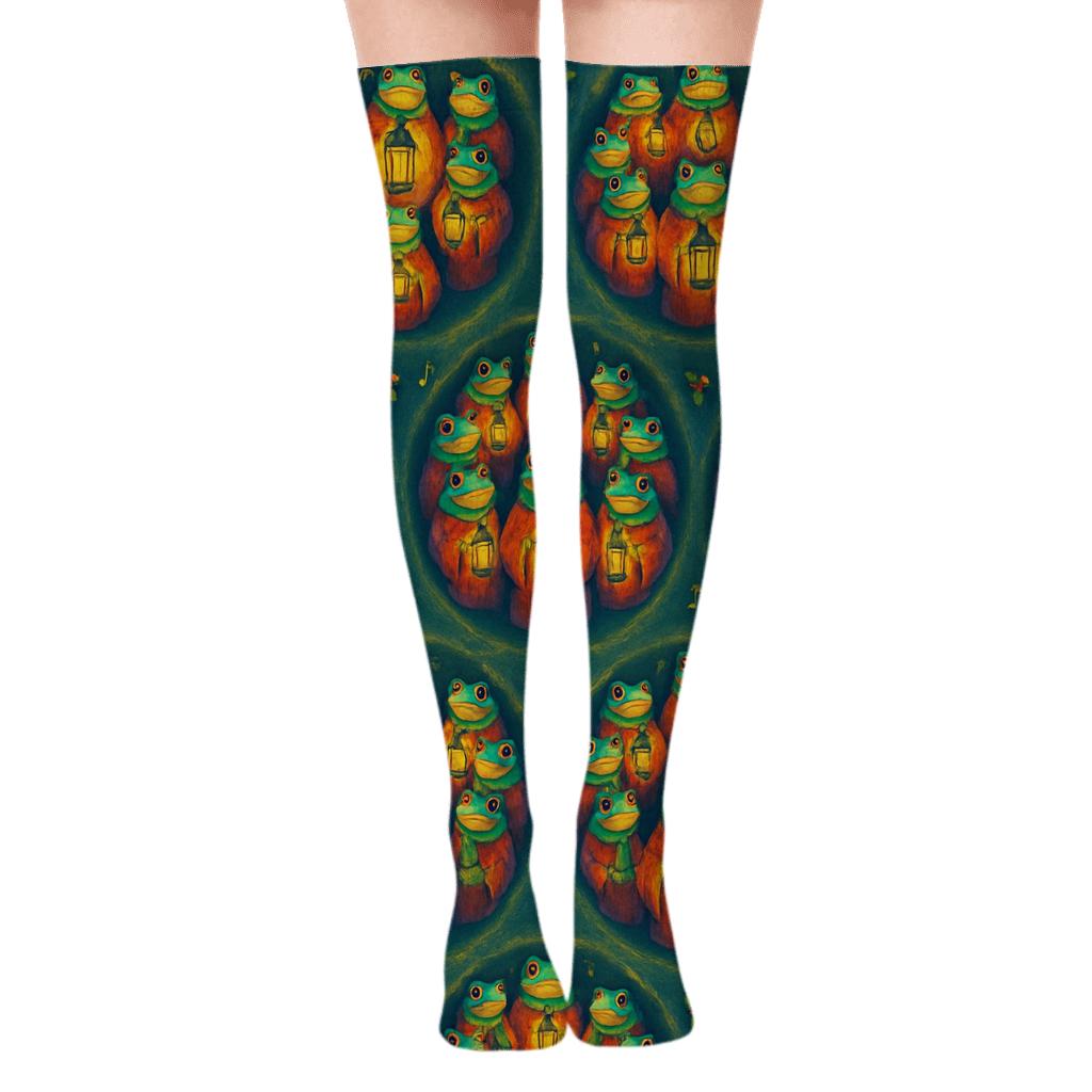 Frog Caroler Lantern Circles trendy patterned over-the-knee socks